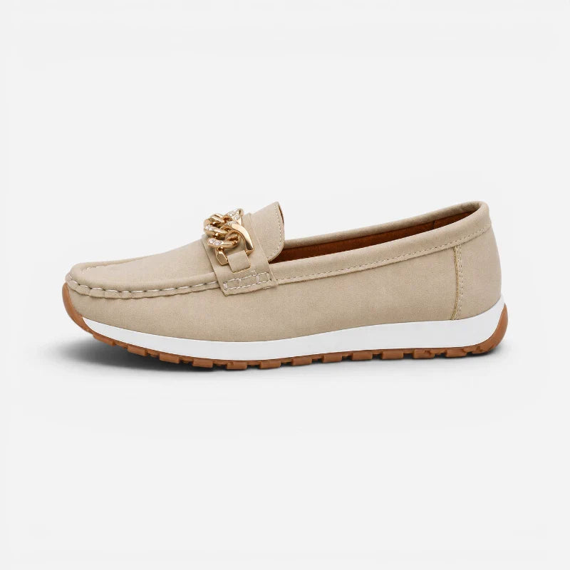 Mocassin Beige Compensé À Chaine Dorée