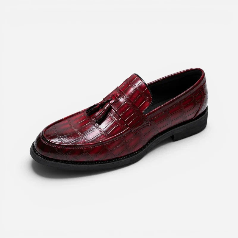 Mocassin Habillé Rouge Bordeaux À Glands Cuir Crocodile Homme