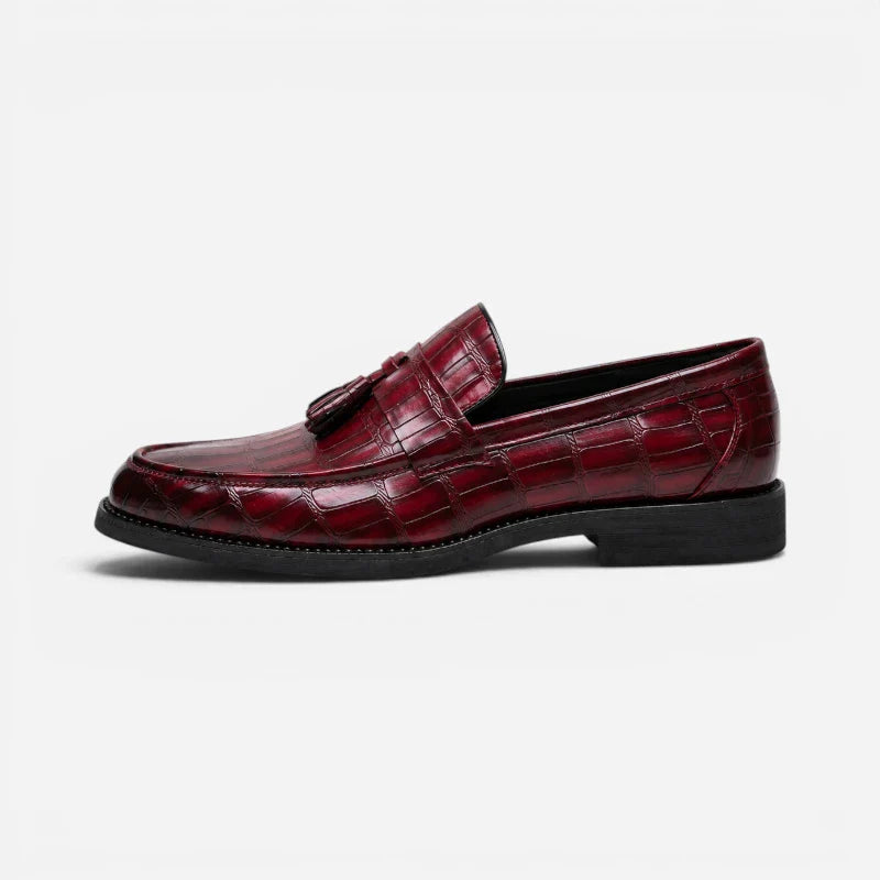 Mocassin Habillé Rouge Bordeaux À Glands Cuir Crocodile Homme