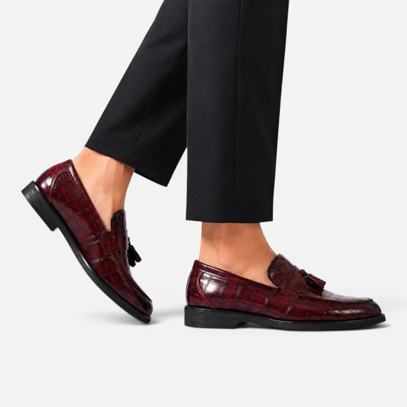 Mocassin Habillé Rouge Bordeaux À Glands Cuir Crocodile Homme