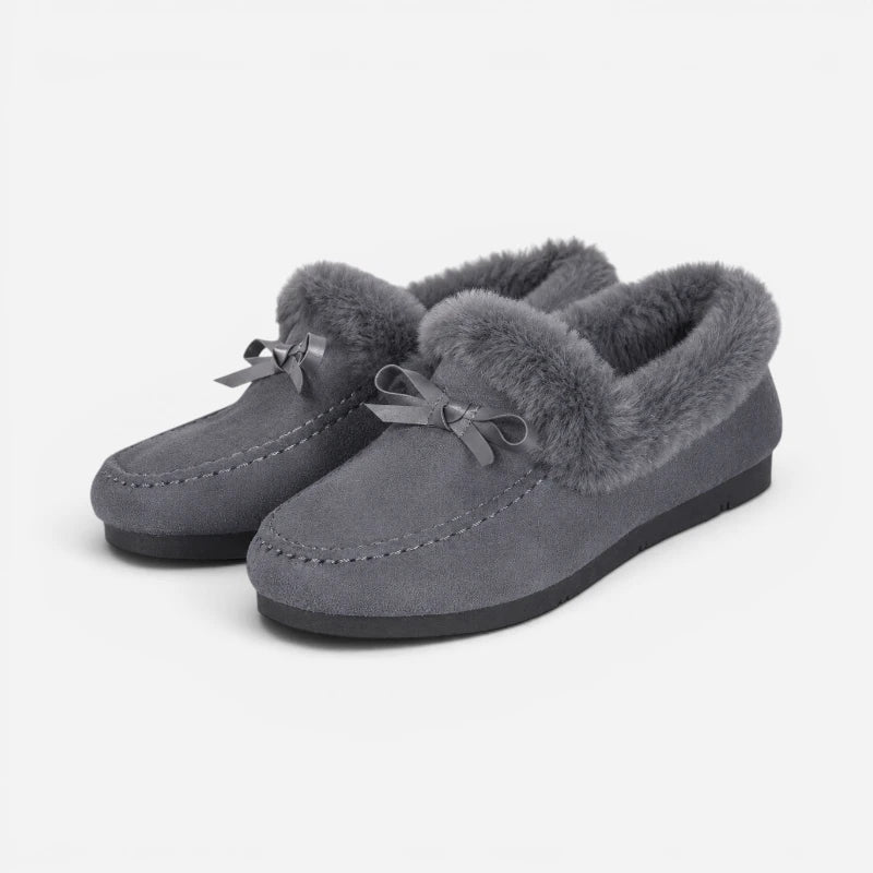 Chausson Mocassin Daim Gris Fourré Doux Avec Noeud Femme
