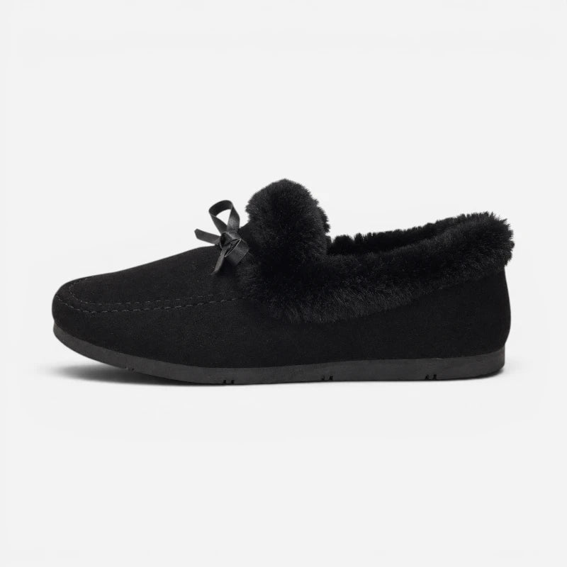 Chausson Mocassin Daim Velour Noir Fourré Doux Avec Noeud Pour Femme
