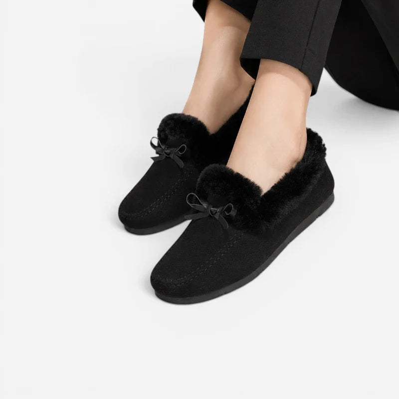 Chausson Mocassin Daim Velour Noir Fourré Doux Avec Noeud Pour Femme