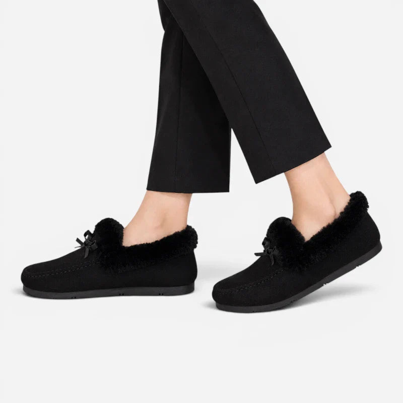 Chausson Mocassin Daim Velour Noir Fourré Doux Avec Noeud Pour Femme
