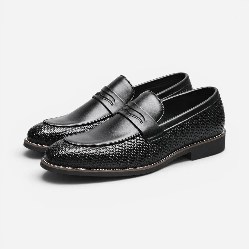 Mocassin Noir Cuir Tréssé Classe Élégant Homme