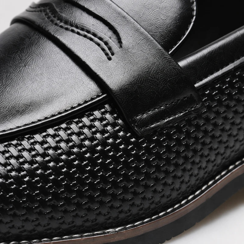 Mocassin Noir Cuir Tréssé Classe Élégant Homme