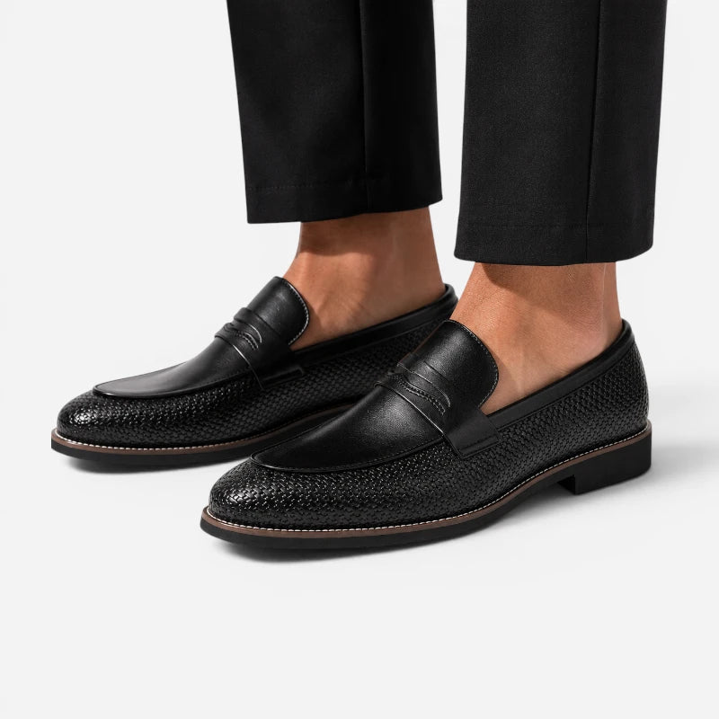 Mocassin Noir Cuir Tréssé Classe Élégant Homme