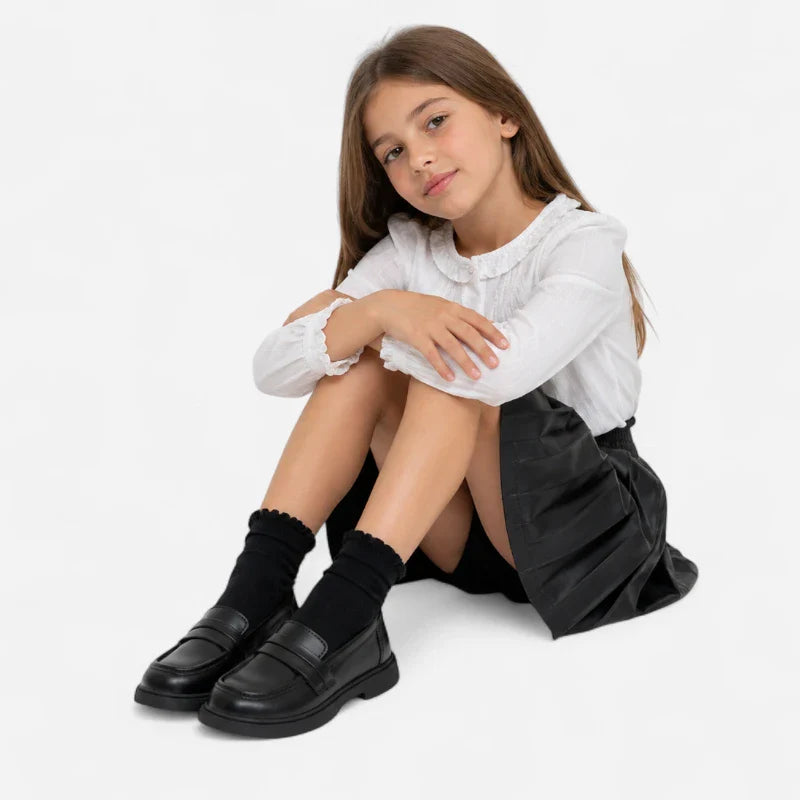 Mocassin Compensé Cuir Noir Pour Fille À Talon Bien Habillé