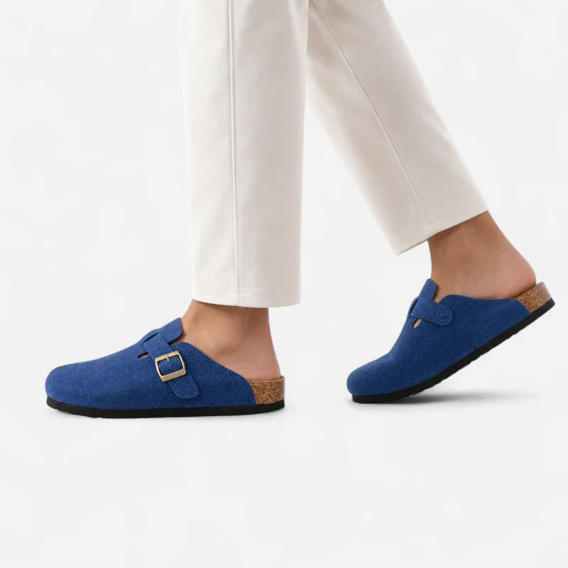 Chausson Mocassin Mule Daim Suede Bleu Ouvert Derrière