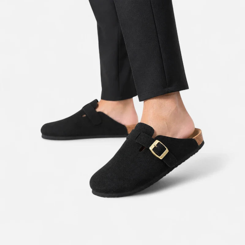 Chausson Mocassin Mule Ouvert Derrière En Daim Suede Noir