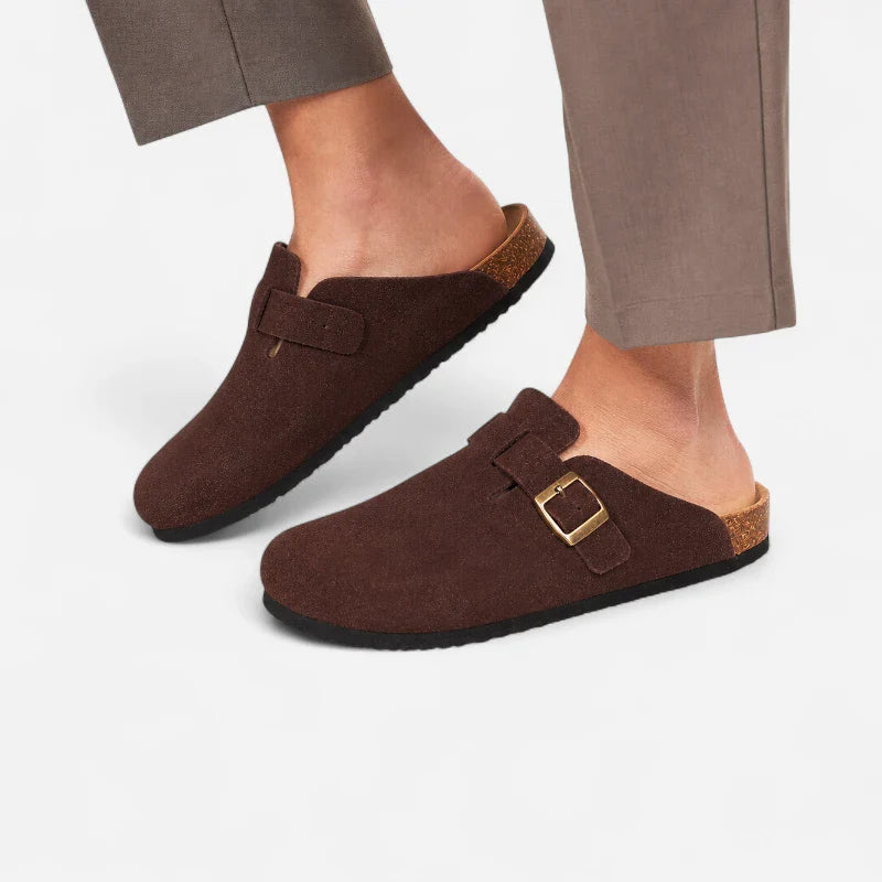 Chausson Mocassin Daim Nubuck Marron Foncé Mule Ouvert Derrière Unisexe