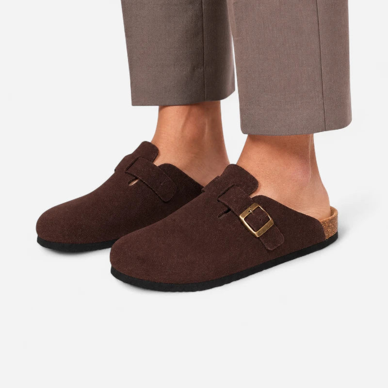 Chausson Mocassin Daim Nubuck Marron Foncé Mule Ouvert Derrière Unisexe