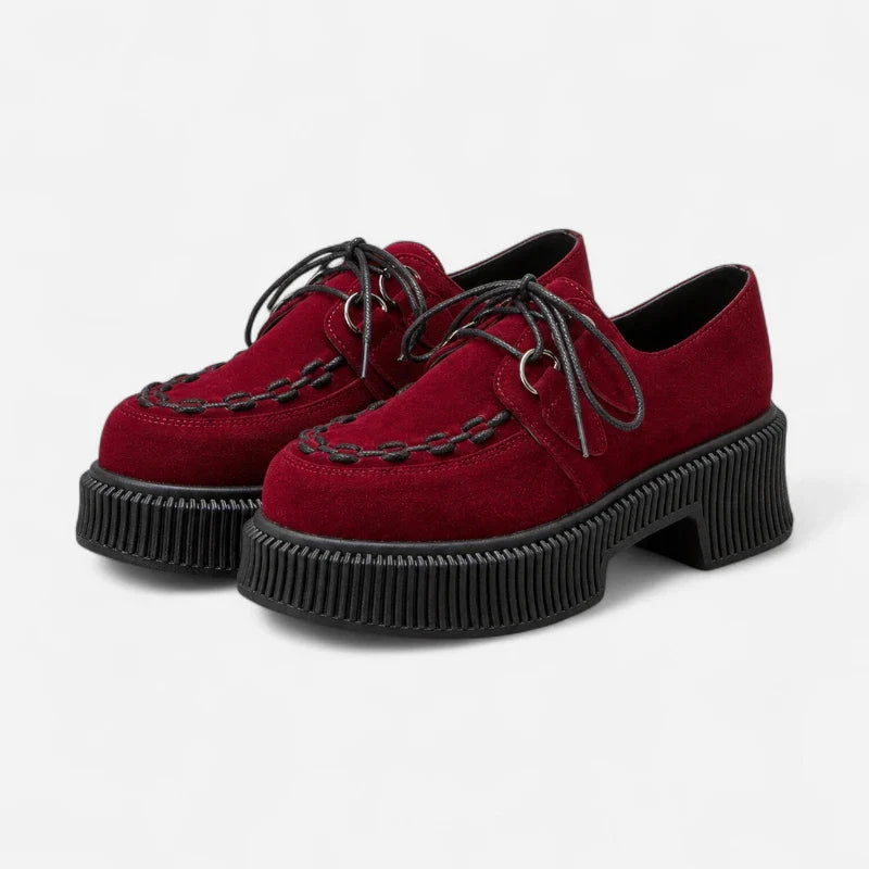 Mocassin Plateforme En Daim Nubuck Bordeaux À Lacets & Talon Femme