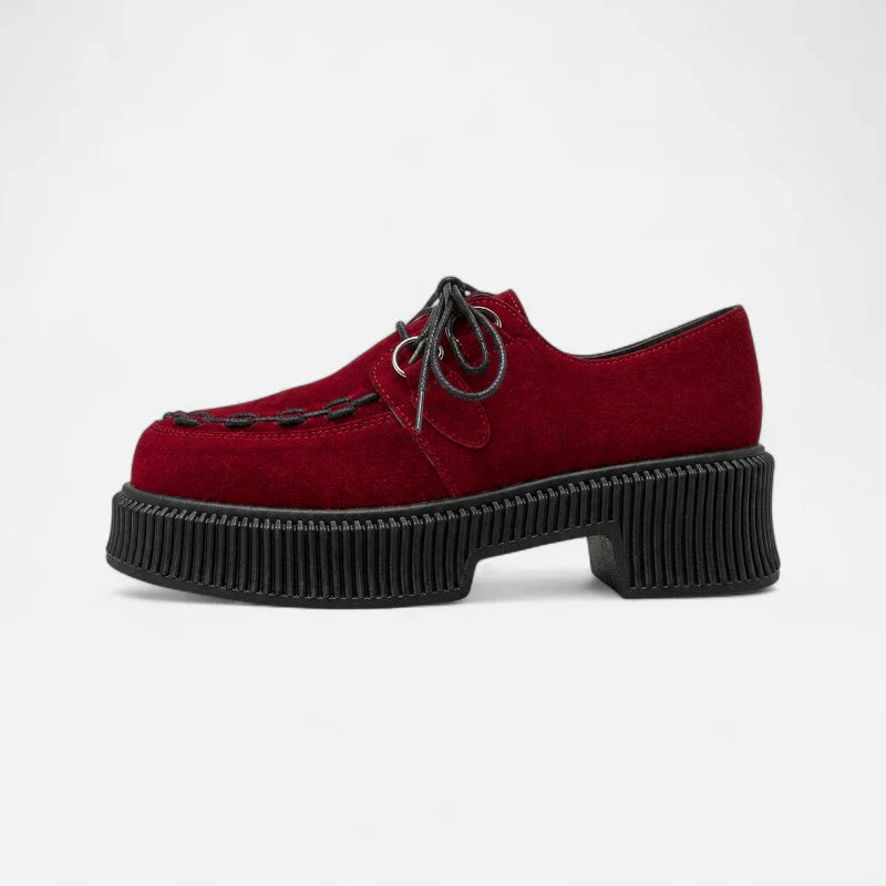 Mocassin Plateforme En Daim Nubuck Bordeaux À Lacets & Talon Femme