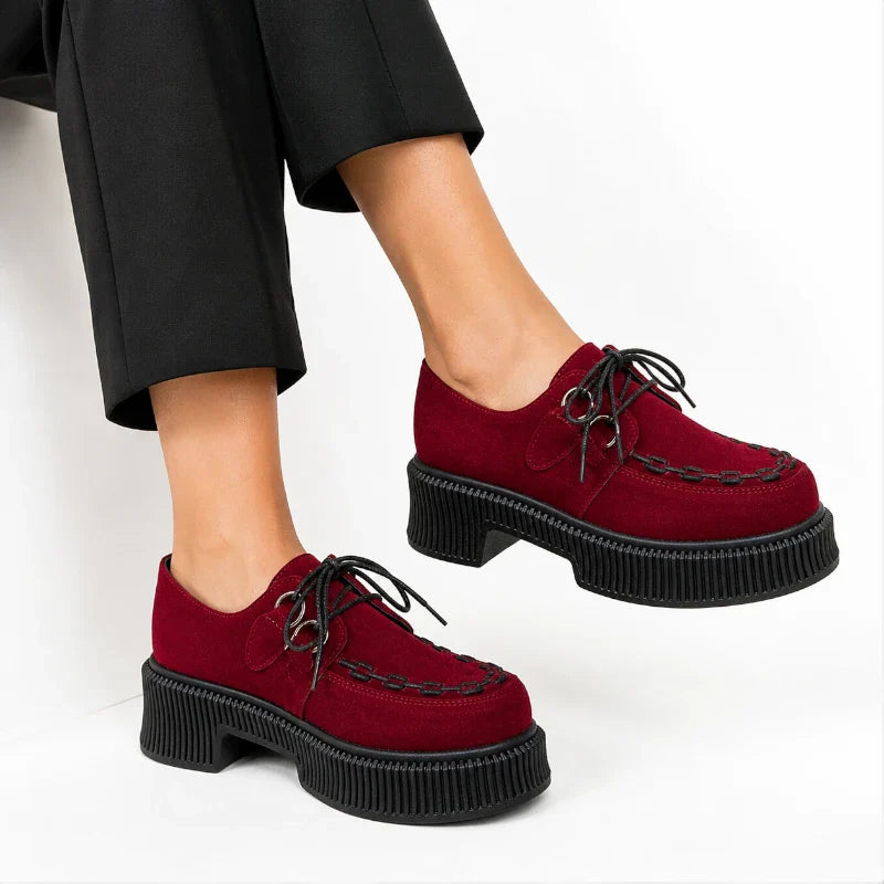 Mocassin Plateforme En Daim Nubuck Bordeaux À Lacets & Talon Femme