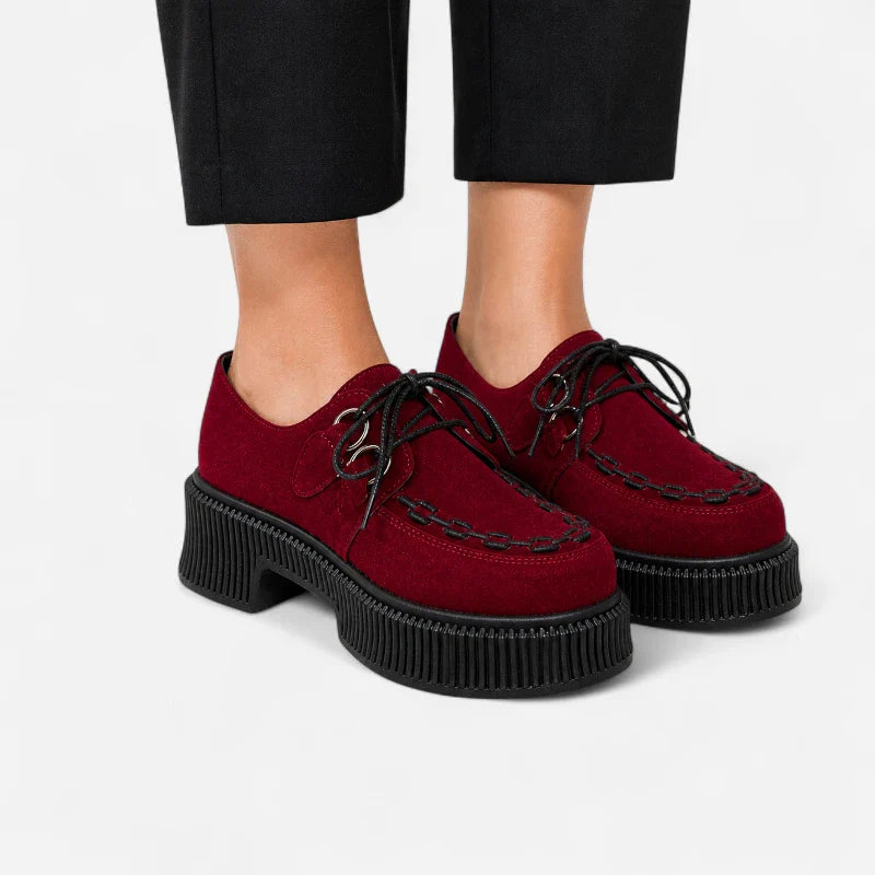 Mocassin Plateforme En Daim Nubuck Bordeaux À Lacets & Talon Femme