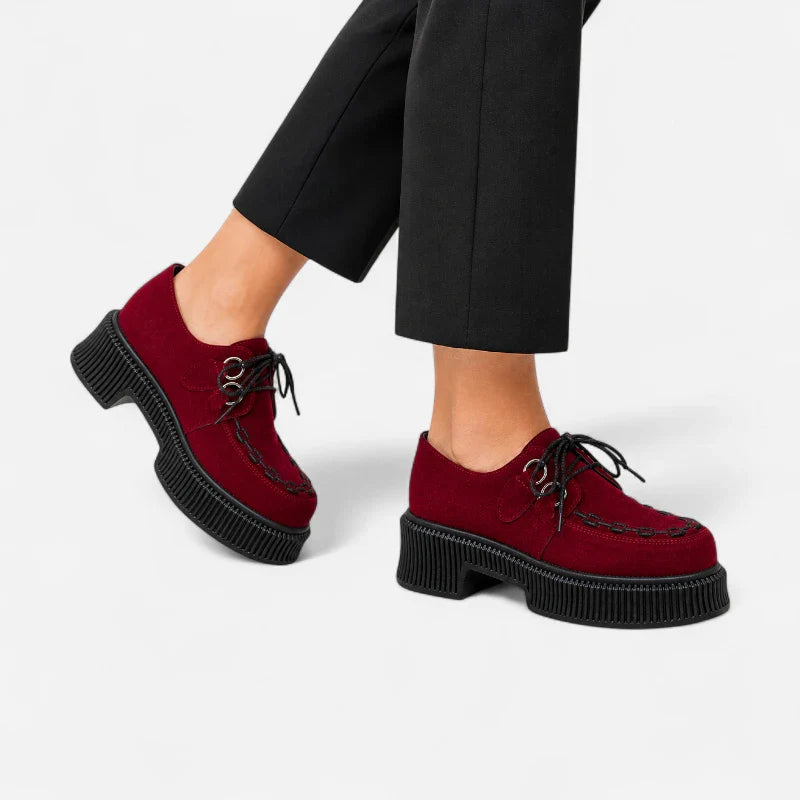 Mocassin Plateforme En Daim Nubuck Bordeaux À Lacets & Talon Femme