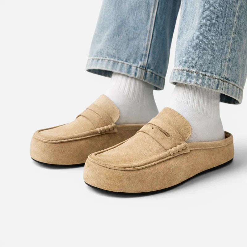 Chausson Mocassin Mule Ouvert En Daim Beige