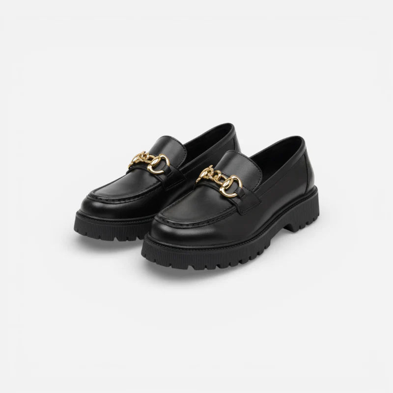 Mocassin Plateforme Femme Noir Chainnette Dorée