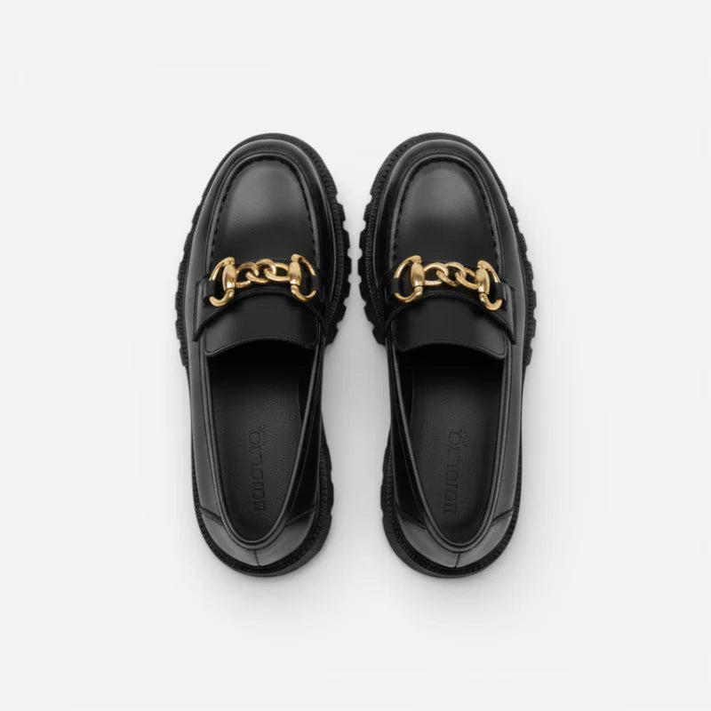 Mocassin Plateforme Femme Noir Chainnette Dorée
