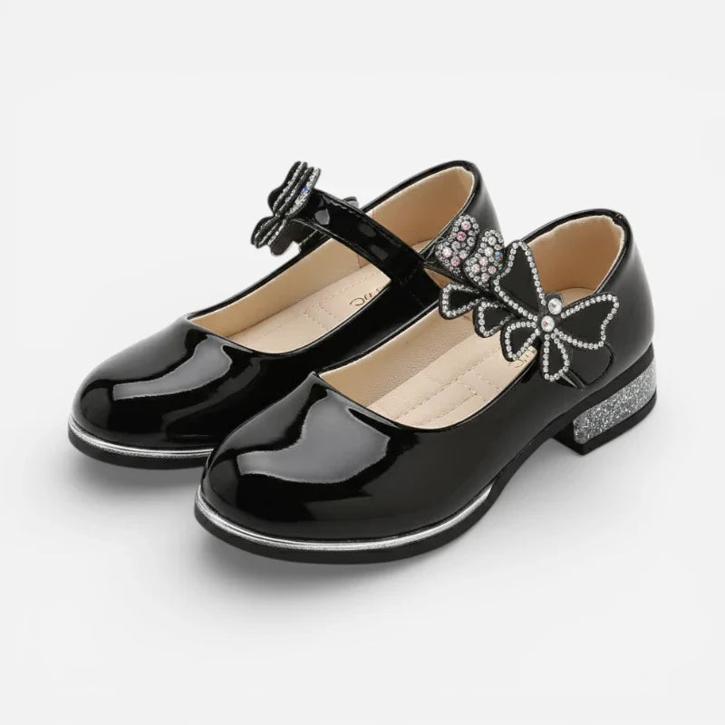 Mocassin Ballerine Noir Pour Fillette Papillon Brillant à Talon