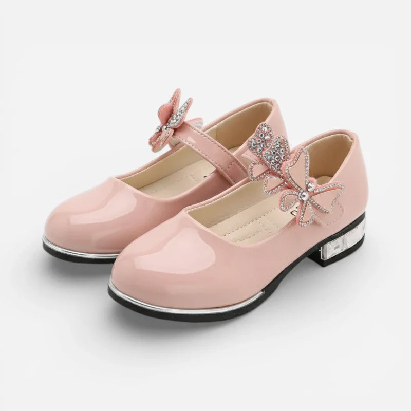 Mocassin Ballerine Solide Rose & Argenté Vernis Pour Fillette