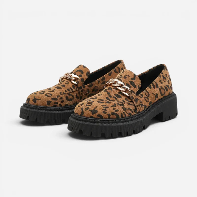 Mocassin Compensé Plateforme Léopard À Chainnette Dorée Femme