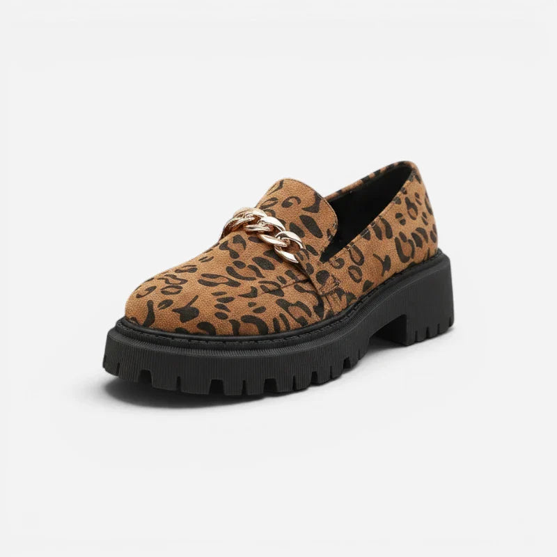 Mocassin Compensé Plateforme Léopard À Chainnette Dorée Femme
