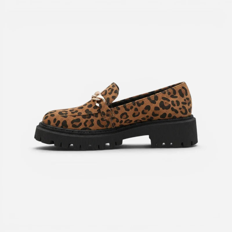 Mocassin Compensé Plateforme Léopard À Chainnette Dorée Femme