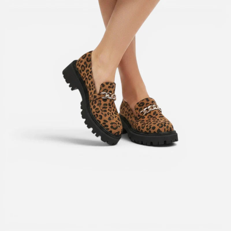 Mocassin Compensé Plateforme Léopard À Chainnette Dorée Femme