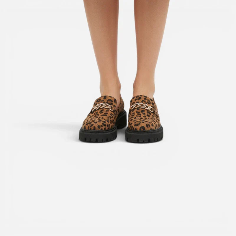 Mocassin Compensé Plateforme Léopard À Chainnette Dorée Femme