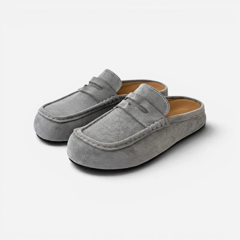 Chausson Mocassin Mule Ouvert En Daim Nubuck Gris