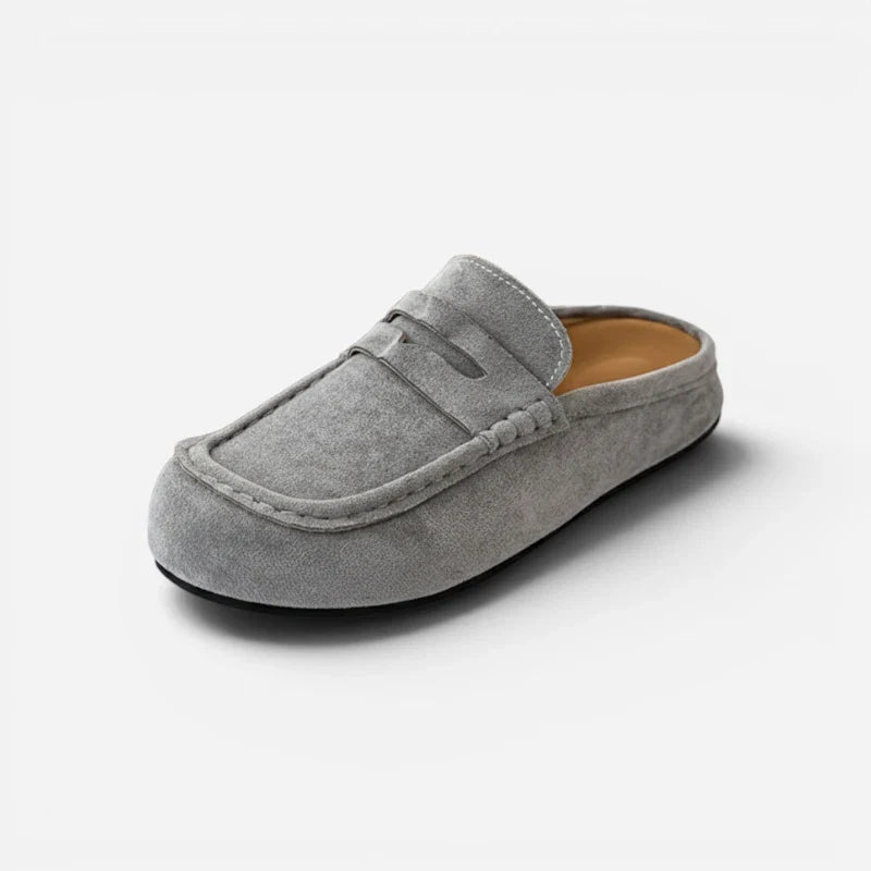 Chausson Mocassin Mule Ouvert En Daim Nubuck Gris