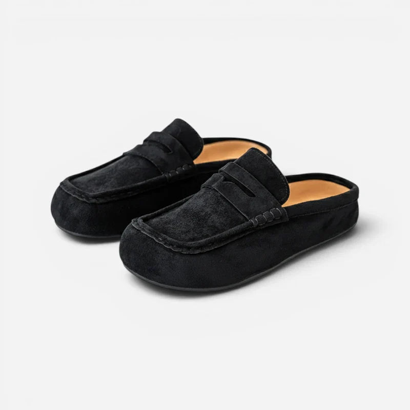 Chausson Mocassin Mule Ouvert Confotable En Daim Nubuck Noir