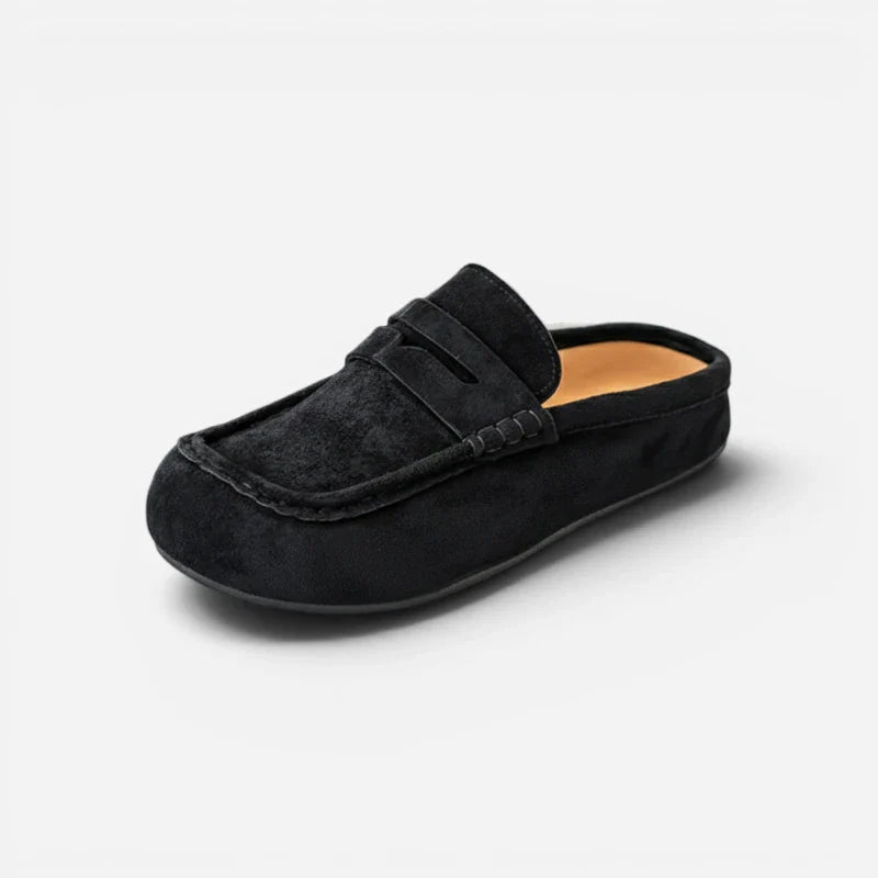 Chausson Mocassin Mule Ouvert Confotable En Daim Nubuck Noir