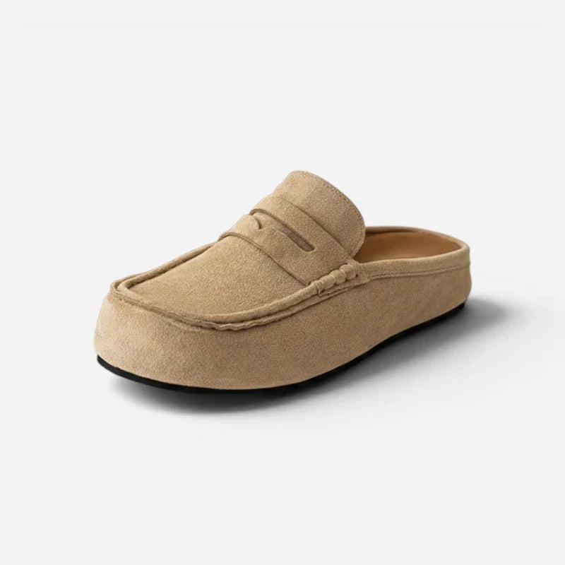 Chausson Mocassin Mule Ouvert En Daim Beige