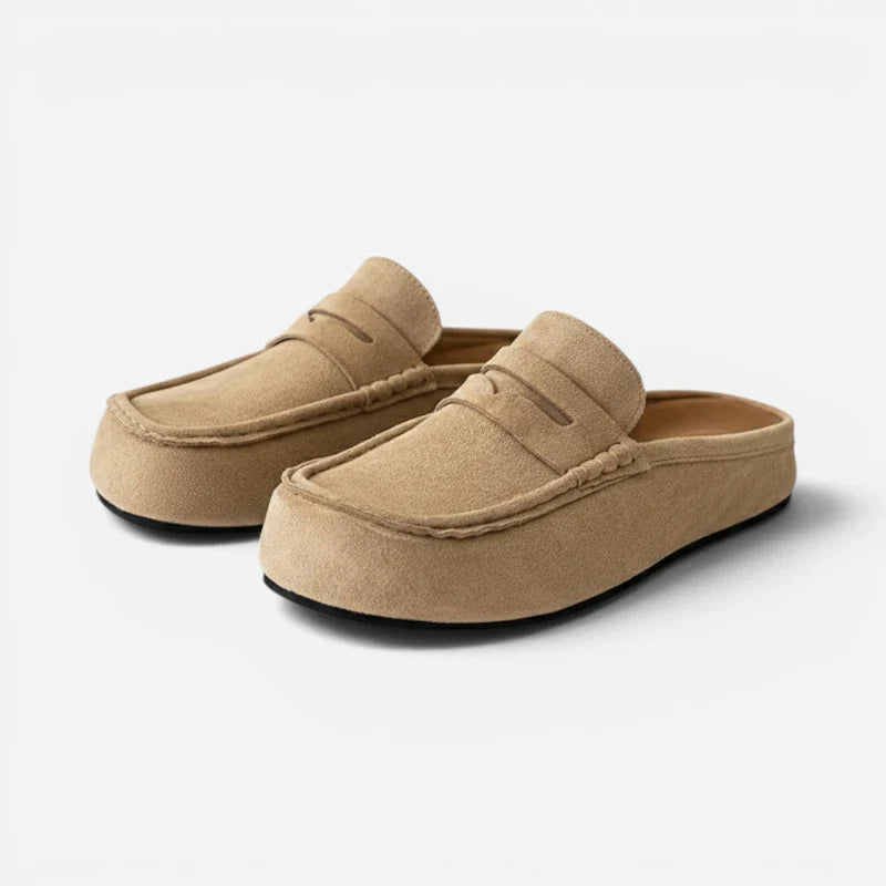 Chausson Mocassin Mule Ouvert En Daim Beige