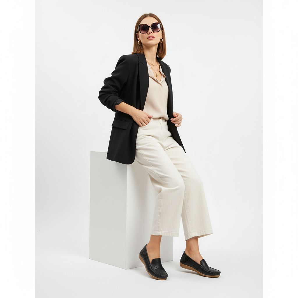 Mocassin Cuir Compensé Noir Femme