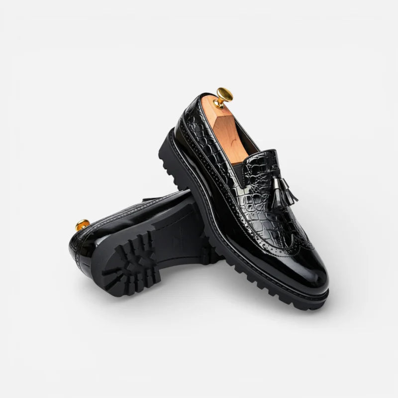 Mocassin En Cuir Noir Vernis à Motifs Compensé Pour Homme