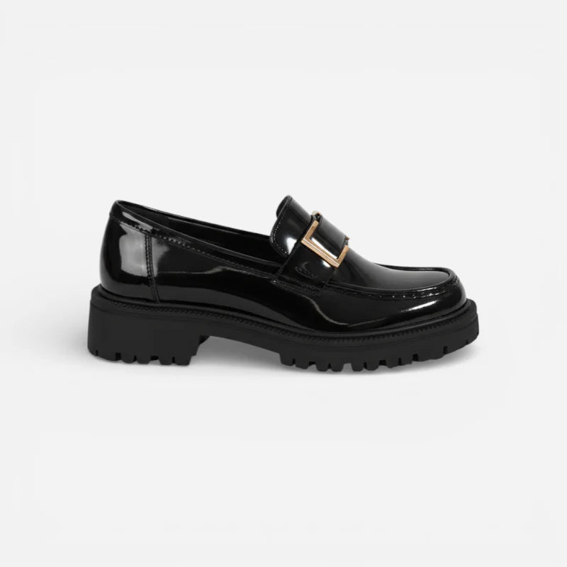 Mocassins Noir Femme Chainette Dorée