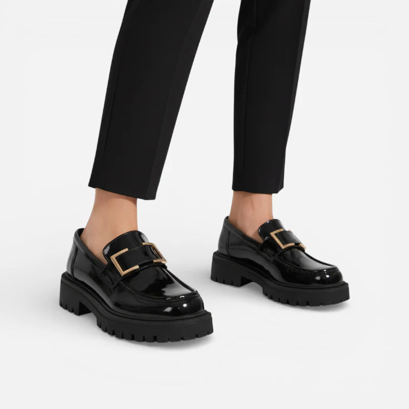 Mocassins Noir Femme Chainette Dorée