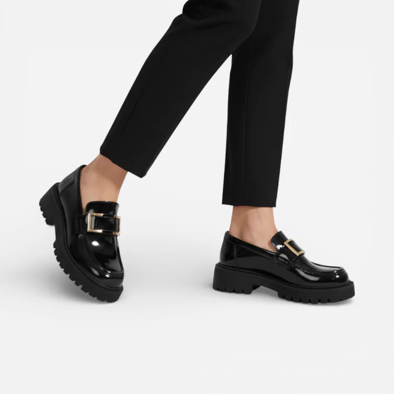 Mocassins Noir Femme Chainette Dorée