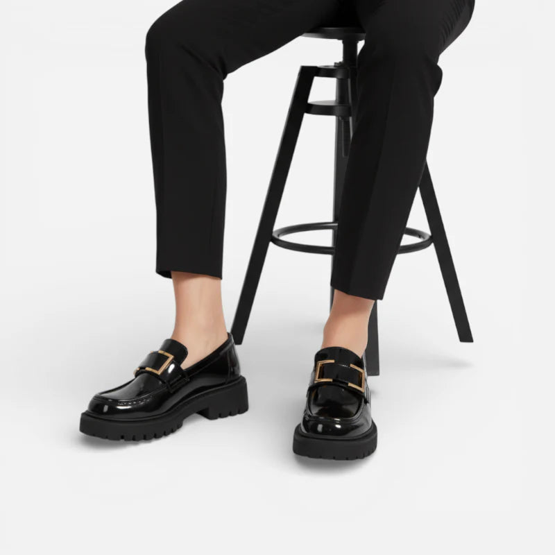 Mocassins Noir Femme Chainette Dorée