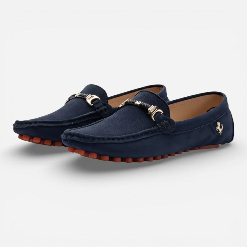 Mocassin En Daim Bleu Marine Avec Broche Pour Homme