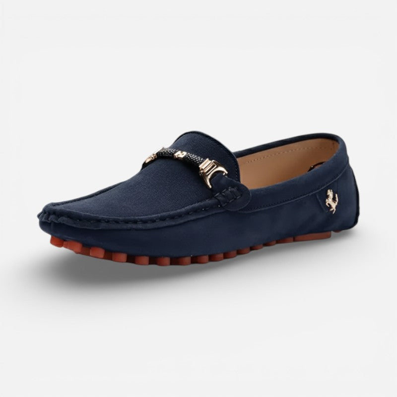 Mocassin En Daim Bleu Marine Avec Broche Pour Homme