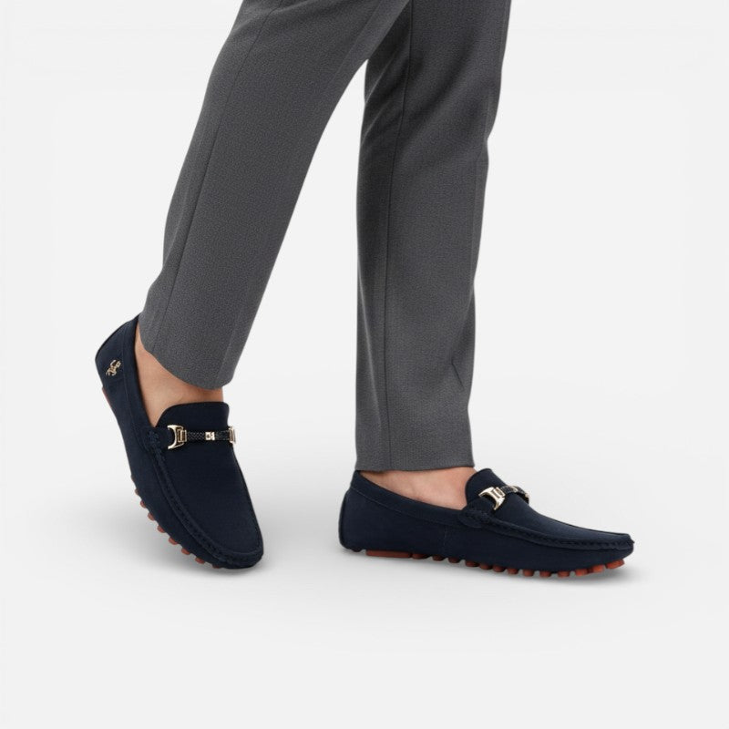 Mocassin En Daim Bleu Marine Avec Broche Pour Homme