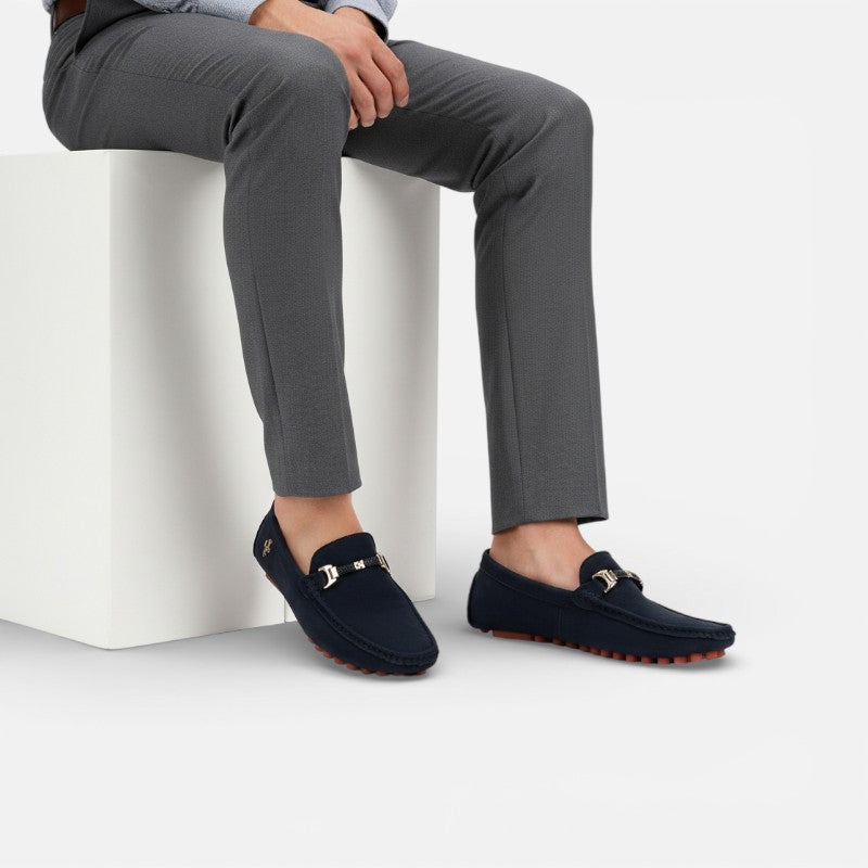 Mocassin En Daim Bleu Marine Avec Broche Pour Homme