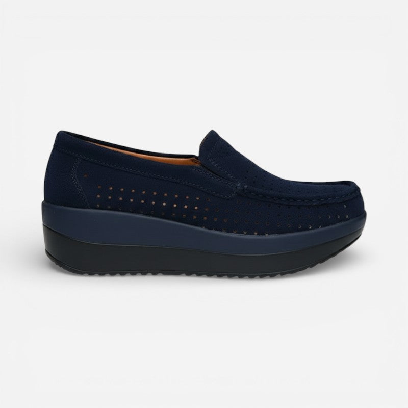 Mocassin En Daim Bleu Marine Plateforme Respirant Femme