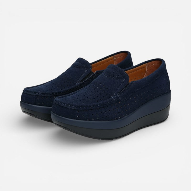 Mocassin En Daim Bleu Marine Plateforme Respirant Femme