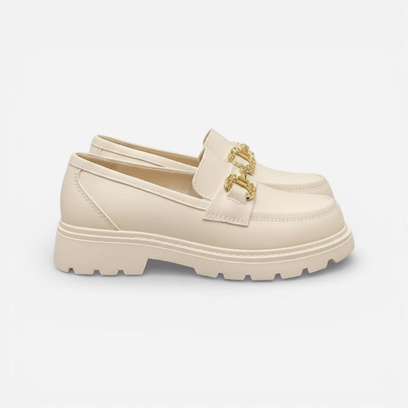 Mocassin Compensé En Cuir Blanc Et Chainette Pour Femme